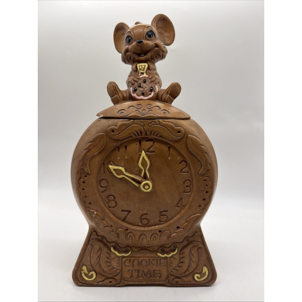 Vintage 1960 Brown Twin Winton Cookie Time Mouse Clock Ceramic Cookie Jar 14"